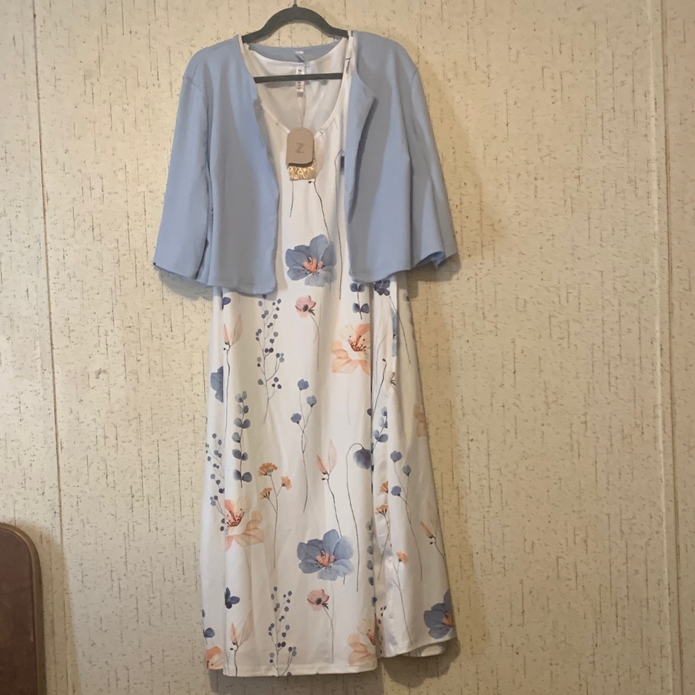 Zara Floral Maxi Dress with Light Blue Jacket